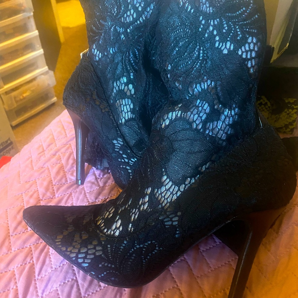 Black lace boots high heel